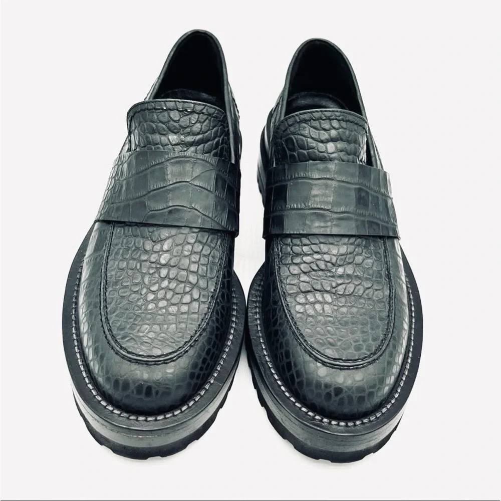 Marni Teal Croc-Effect Embossed Leather Platform Loafers | Lug Sole EU 38 / US 8 - Picture 3 of 11